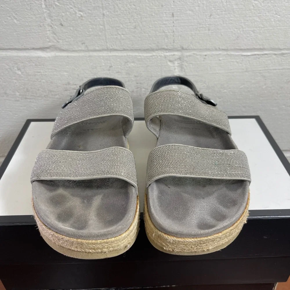 Brunello Cucinelli Metallic Silver Beaded Strap Espadrille Sandals Women's‎ 6 US